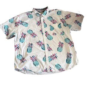 Free Planet Mens White Pineapple Print Short Sleeve Button-Up Shirt 4X